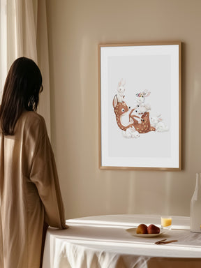 Deer Playing With Rabbits Poster